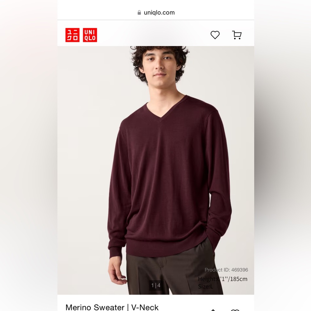 Uniqlo Men’s Wool V-neck Sweater. Wine/Burgundy. XS
